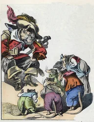 Kuvitus tarinasta "Kauhea Raminagrobis ja hiiret"" -hahmo piirtää Jean de la Fontainen tarinoita. "" Tarinoita kodista pienimmille"". Anonyymi kaiverrus 1800-luvulta.