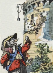 Kuvitus tarinasta "Kauhea Raminagrobis ja hiiret"" -hahmo piirtää Jean de la Fontainen tarinoita. "" Tarinoita kodista pienimmille"". Anonyymi kaiverrus 1800-luvulta.