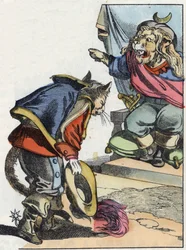 Kuvitus tarinasta "Kauhea Raminagrobis ja hiiret"" -hahmo piirtää Jean de la Fontainen tarinoita. "" Tarinoita kodista pienimmille"". Anonyymi kaiverrus 1800-luvulta.