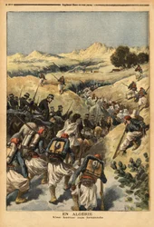 Algeriassa pataljoona, jonka kokonainen Zouaves-pataljoona organisoi ratsuväen vahvistama, vangitakseen Areski ben Bashirin, jonka Algerian tuomioistuin on tuominnut kolmesti kuolemaan. Kaiverrus "" Le petit Journal" -lehdessä 23.12.1893. Selvan kokoelma.