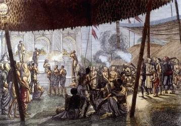 Intialainen kulttuuri ja sivilisaatio: Krishnan rakkausjuhla, Intia. Kaiverrus 1808.