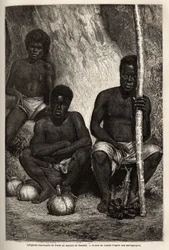 Alkuperäinen hedelmäkauppias Noumean (Uusi-Kaledonia) markkinoilla. Kaiverrus havainnollistamaan matkaa Uuteen-Kaledoniaan vuosina 1863–1866, Jules Garnierin, kaivosinsinöörin, "Le tour du monde, nouveau journal des voyages" -julkaisussa, joka julkaistiin 