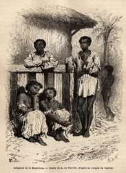 Magdalenan (joet) alkuperäiskansat Mompoxin (Kolumbia) kaupungin kaduilla. Kaiverrus havainnollistamaan matkaa New Granadaan, tohtori Saffray, vuonna 1869, julkaistu "" Le tour du monde""" 1872, toimittanut Edouard Charton, painos Hachette,