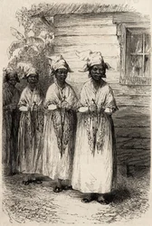 Guyanan alkuperäiskansan naiset Fete Dieun katolisessa kulkueessa. Fregaten kapteenin Frederic Bouyerin kaiverrus havainnollistamaan matkaa Ranskan Guayanassa vuosina 1862-1863 julkaisussa "" Le tour du monde, nouveau journal des voyages", julkaistu ohj.