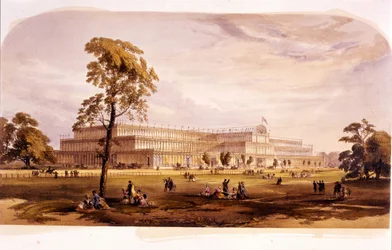 Teollinen vallankumous: näkymä Crystal Palacesta, jonka Joseph Paxton rakensi vuoden 1851 maailmannäyttelyä varten Lontoossa (Hyde Park) 1800-luvulla