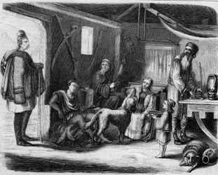 Serbialaisen talonpoikatalon sisustus Belgradin läheisyydessä vuonna 1859.