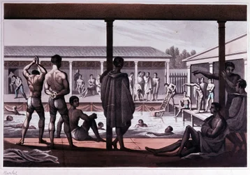 Uimakoulun sisustus, Lontoo, 1800-luvun alku.