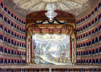 Milanon Theater de la Scala -teatterin sisustus. Kaiverrus ennen vuotta 1850.