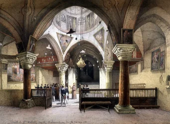 Jerusalemin Pyhän Helenan kappelin sisustus. 1800-luvun kaiverrus.