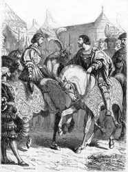 Francois 1:n ja Henry VIII:n haastattelu. Kaiverrus 1800-luvulta.