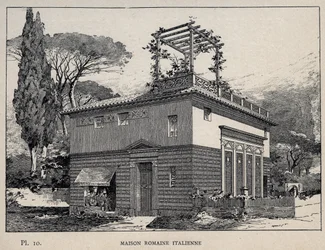 Italialainen roomalainen talo - kaiverrus vuodelta 1889 Charles GARNIERin teokseen "Ihmisasumisen historia vuoden 1889 yleisnäyttelyssä - Librairie centrale des beaux-arts Paris 1889"