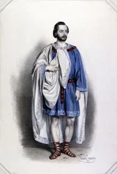 Italialainen tenori Gaetano Fraschini (1816 - 1887) Forestona Giuseppe Verdin Attilassa. Värilitografia Eduard Kayser