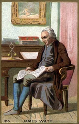 James Watt (1736 -1819) toimistossaan. 1800-luvun kromolitografia.