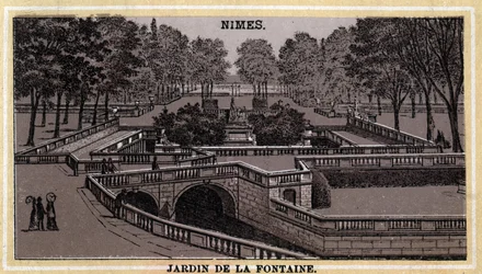 Jardin de la Fontaine Nimesissä (Gard, Languedoc-Roussillon). 1800-luvun lopun kromolitografia.