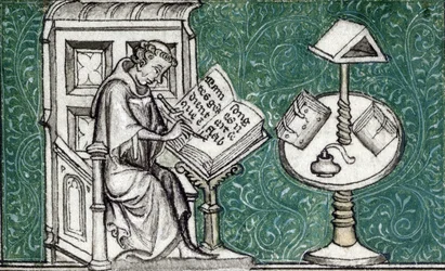 Jean de Meun säveltää Ruusun romanssin, n. 1380 (miniatyyri)