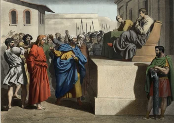 Jeesus Kristus Pontius Pilatuksen edessä (Pontius Pilatus). Anonyymi kaiverrus 1800-luvun puolivälistä.