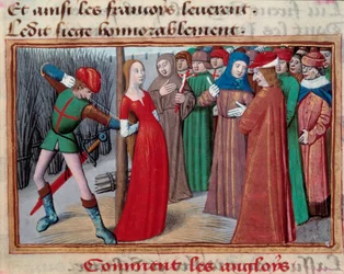 Joan of Bow (1412 -1431), asennettu teurastajaan. Miniatyyri Martial d