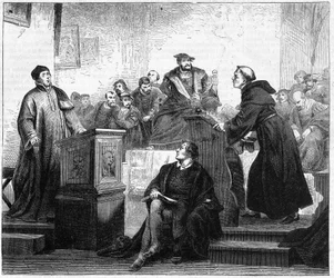 Johann Maier tunnetaan nimellä Johann Eck (1486-1543), saksalainen katolinen teologi ja Martin Luther (1483-1546), saksalainen protestanttinen teologi ja uskonpuhdistaja Pleissenburgissa vuonna 1519.