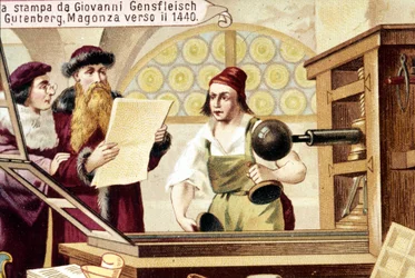 Johannes Gensfleisch Gutenberg (1400-1468). noin 1440. 1800-luvun kromolitografia.