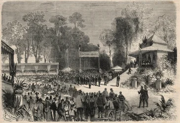 Napoleon III:n (1808-1883) ja Impress Eugenie de Montijon (1826-1920) matka Roueniin: palkintojen jako maatalouskilpailussa. Kaiverrus "" L