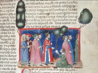 Jules Cesar (101-44 eKr.) oppii Catilinan loitsua vuonna 63 eKr., poliittinen salaliitto hänen tuhoamiseksi Yksityiskohta käsikirjoitussivusta "" Roomalaisten tosiasiat"" (Ms 1538, fol 50r) noin 1340 Firenze, Biblioteca Riccardiana