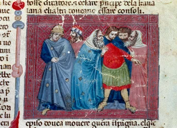 Jules Cesar (101-44 eKr.) valtaistuimella Yksityiskohta käsikirjoitussivusta "" Roomalaisten tosiasiat"" (Ms 1538, fol 1v) noin 1340 Firenze, Biblioteca Riccardiana
