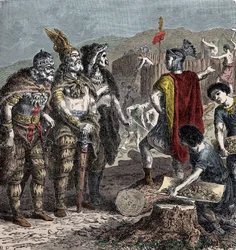 Julianus ja Frankin päälliköt - Keisari Julianuksen ja Francon päälliköiden tapaaminen - (Flavius Claudius Julianus (331-363), nimeltään Julianus luopio, jota kutsutaan myös Julianus filosofiksi tai Julianus II tai Julianus keisari) - kaiverrus 1800-luvun 