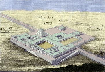 Khursabad (Irak). Sargon II:n, Assyrian kuninkaan, palatsin jälleenrakennus 722–705 eKr. Kaiverrus 1800-luvulta.
