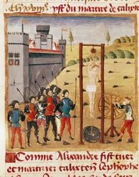 Kuningas Aleksanteri Suuri (356-323 eKr.) osallistuu jalon Calixten Cefoben teloitukseen hirttämällä""" Miniatyyri otettu Quintus Curtius Rufusin (1. vuosisadan) "" Aleksanteri Suuren tosiasioiden kirjasta"" (ms 1335, fol. 167 v