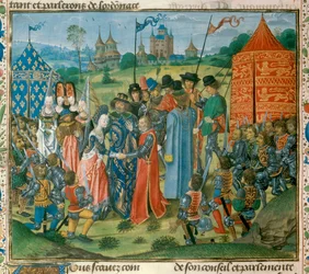 Kuningas Kaarle VI (1368-1422) luovutti tyttärensä Isabellan Ranskan (1389-1409) Richard II:lle (1367-1400) Englannin kuninkaalle ennen Jean Froissartin (1337-) "Cronicles" -sarjan Ranskan ja Englannin herrojen konferenssia. 1400) 1400-luvun Pariisi. B.N.