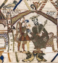 Kuningas Edward Tunnustaja lähettää Haroldin Normandiaan, Bayeux Tapestry (villakirjonta pellavalle)