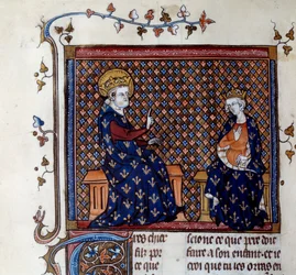 Kuningas Ludvig IX (1214-1270) opettaa kuninkaan mestarin pojalleen, tulevalle Philip III:lle pienoismallin 1300-luvun käsikirjoituksesta. Chantilly, Conde-museo
