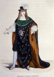 Henry III:n vuonna 1578 perustama Pyhän Hengen ritarikunnan ritari (Pyhän Hengen ritarikunta). Kaiverrus 1800-luvulta.