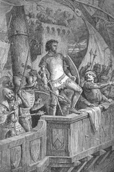 Knut Suuri (Canut I) (994 tai 995-1035) - Cnut Suuren miehet Lontoon sillalla, norjalaisen Olaf II:n (Norjan Olaf II) hyökkäyksen kohteena - Richardin kaiverrus "Kaiser, Konig une Papst" Roth