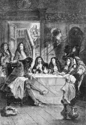 La Fontaine, Boileau, Molière ja Racine ruokailemassa kabareessa - M. Guizotin "Histoire de Francessa kaukaisimmista ajoista vuoteen 1789"