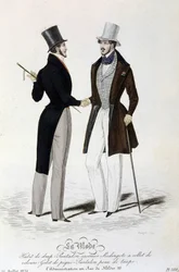 La Mode du 26 juillet 1834: (masuliininen muoti) lakanat puku - housut casimir - Redingote samettikaulus - liivi pikee - housut ruskea nahka ja silinteri.