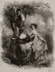 Kirsikoiden poiminta - Kuvitus tunnustuksille, Jean-Jacques (Jean Jacques) Rousseau (1712-1778) - kaiverrus vuodelta 1849