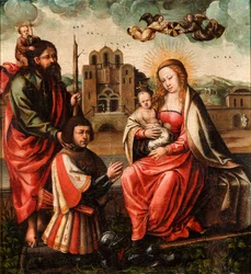 ""Kristoffer Kolumbuksen neitsyt"" (Cristobal Colonin neitsyt) Madonna ja lapsi Kristoffer Kolumbuksen ja Pyhän Kristoforin Anonyymin maalauksen kanssa 1540 - Öljy puulle Koko 52x48 cm Museo Lazaro Galdiano, Madrid