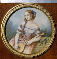 Venäläinen näyttelijä Varvara Asenkova (1817-1841), Esmeraldan roolissa Victor Hugon (1802-1885) "Notre Dame de Paris" -elokuvasta. (venäläinen näyttelijä Varvara Asenkova Esmeraldana). Anonyymi työ, akvarelli paperille