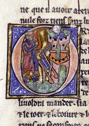 Lancelot tornin huipulla. Käsikirjoitus: Saint Gréalin valloitus, kirjoitettu 717 vuotta herramme intohimosta. Bibliotheque Municipale de Rennes, ms. 255 (Pyöreän pöydän romaanien kokoelma); Pariisi