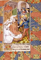 Pyhän Thomas Becketin (1118-1170), englantilaisen prelaatin ja poliitikon, murha. 1300-luvun miniatyyri. Victoria & Albert Library, Lontoo.