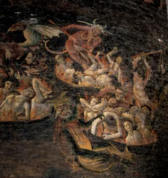 Viimeinen tuomio: paholaiset alamaailmaan, jota demoniset olennot piinaavat. Yksityiskohta freskosta 1474-1484. Cathedrale Sainte Cecile Albissa.