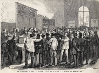Le Plebiscite de 1870, ääntenlaskenta Montmartren kaupungintalolla.