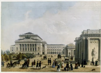 Alexandrinski-teatteri (tai Alexandra) Pietarissa (Aleksanterin teatteri Pietarissa). Nimetön teos, värilitografia, n. 1830. 1800-luvun klassismi. Valtion teatteri- ja musiikkitaiteen museo, Pietari.