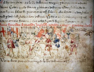 Ranskalaisten, englantilaisten, saksalaisten ja unkarilaisten liitto turkkilaisia vastaan vuonna 1391 - teoksessa "Croniche del Sercambi", noin 1400. Kansallisarkisto, Lucca.