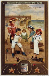 Leibig-kortti, jossa ranskalaisia lapsia rannalla 1890 1890