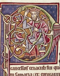 Lettrine P decoree Moabin maan kuninkaan esityksestä Pienoismalli Raamatusta (Ms 3088) 1100-luvun Coimbra, yliopiston biblioteekki