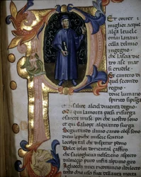 Lettriine "" p" "Jumallisen komedian" käsikirjoituksesta. "" Kiirastulen" alku". Dante Alighieriä kuvaava valaistus. 1300-luvulla. Braidense.