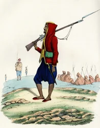 Emir Abd-el-Kaderin kevyt jalkaväki, Ranskan Afrikan armeijan vastarintaa Algerin retkikunnan aikana vuonna 1830. In”” Storia d