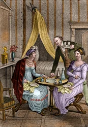 Pieni illallinen. Olympe de Gouges (1748-1793), ranskalainen kirjainnainen ja vallankumouksellinen yhdessä Celinen ystävänsä kanssa. Jean Nicolas Bouillyn (1763-1842) teoksessa Conseils a ma fille "". 1820. Yksityinen kokoelma.